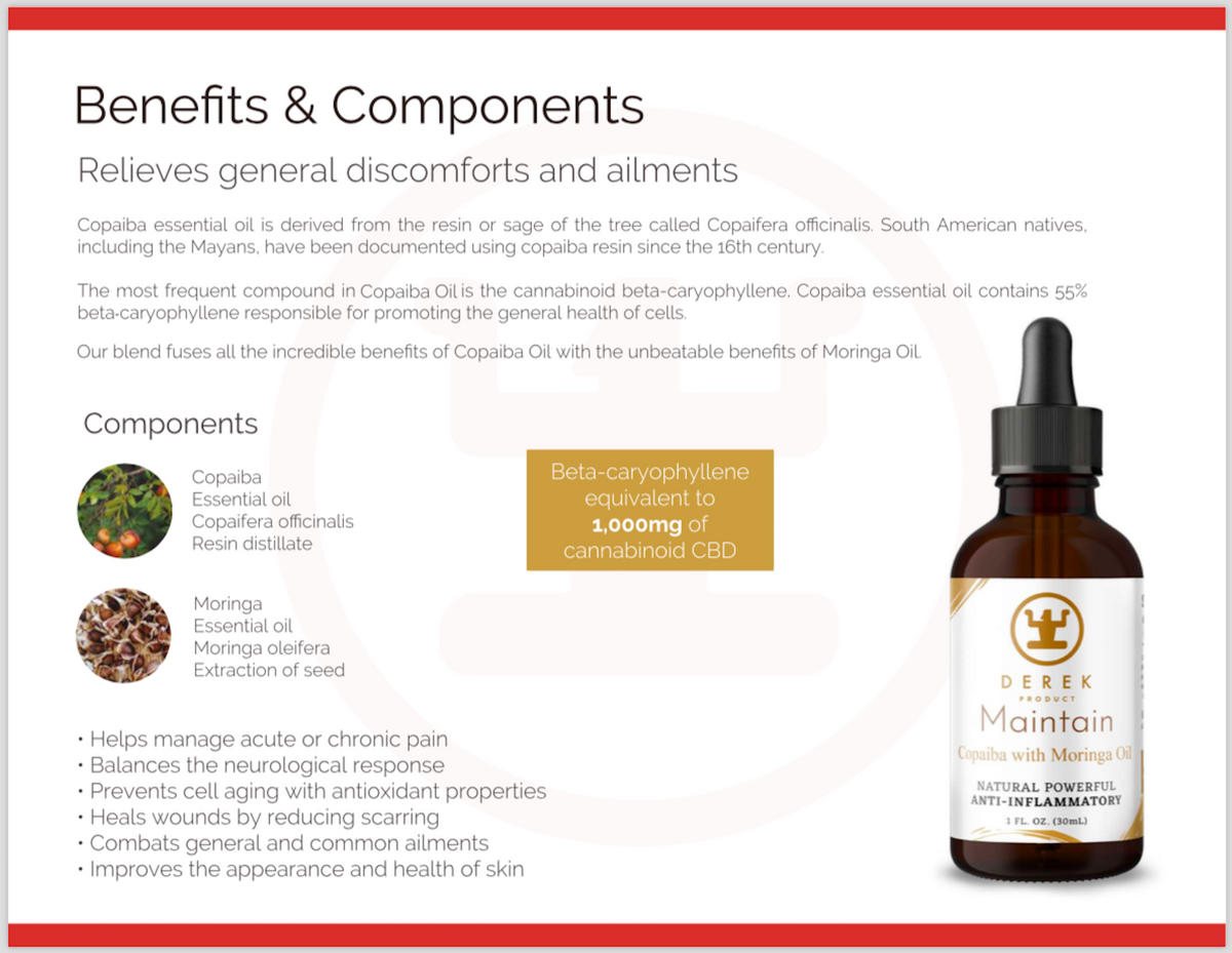 A bottle of Derek Wellness Maintain Copaiba with Moringa Oil essential oil on a white background with a beige header containing text about benefits and components.